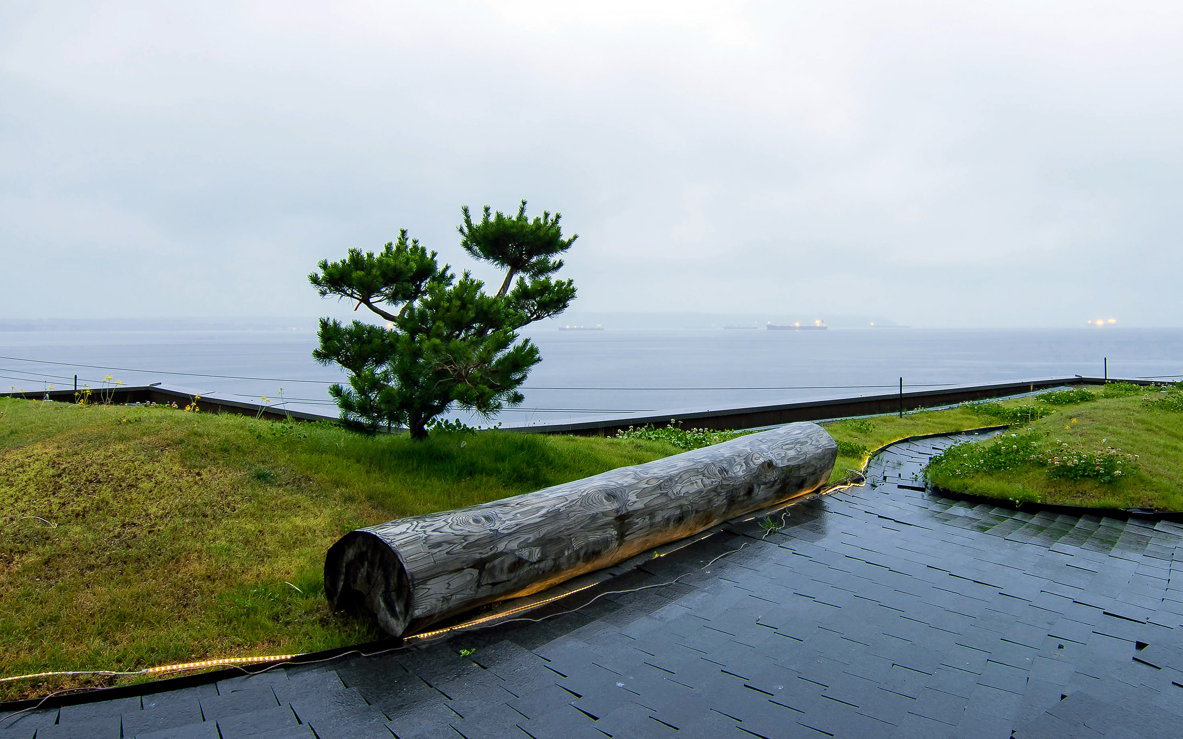 Subtle illumination along the pathways adds visual interest. Lawn with illuminated walkyways at dawn